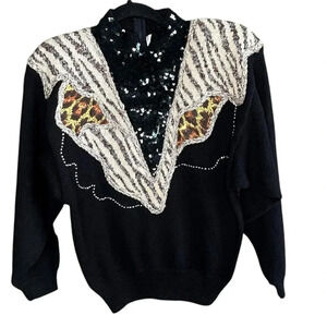 Vintage 80s Bonnie & Bill Zebra Print  Bling Embellished Sweater  NWT